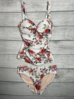 Nip Tuck Swim 2 Piece Floral Tankini Swimsuit Set Ruched Multi Fit Cup US 4